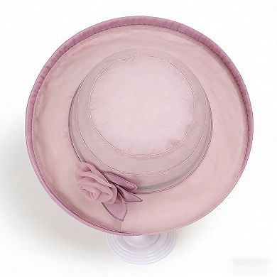 Womens Wide Brim Mesh Sun Hat Elegant Flower Accent Summer Garden Party Hat