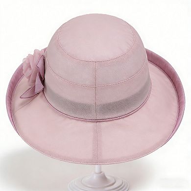 Womens Wide Brim Mesh Sun Hat Elegant Flower Accent Summer Garden Party Hat