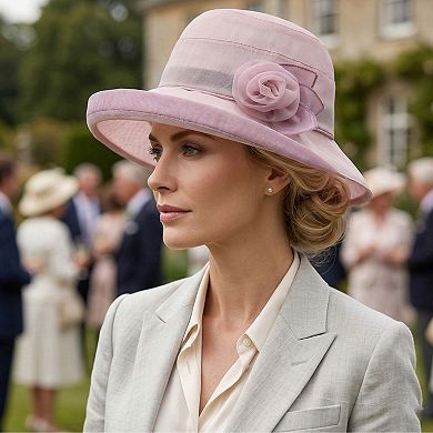 Womens Wide Brim Mesh Sun Hat Elegant Flower Accent Summer Garden Party Hat