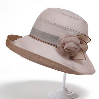 Womens Wide Brim Mesh Sun Hat Elegant Flower Accent Summer Garden Party Hat