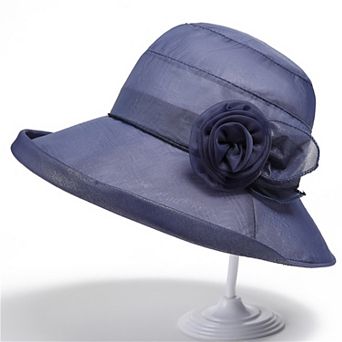 Womens Wide Brim Mesh Sun Hat Elegant Flower Accent Summer Garden Party Hat