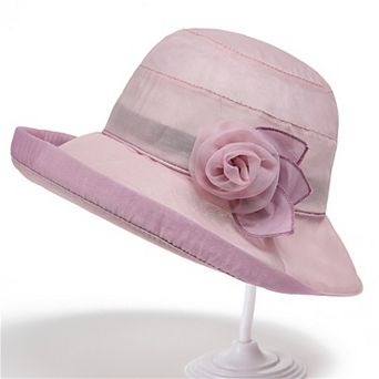 Womens Wide Brim Mesh Sun Hat Elegant Flower Accent Summer Garden Party Hat