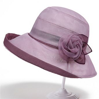 Womens Wide Brim Mesh Sun Hat Elegant Flower Accent Summer Garden Party Hat