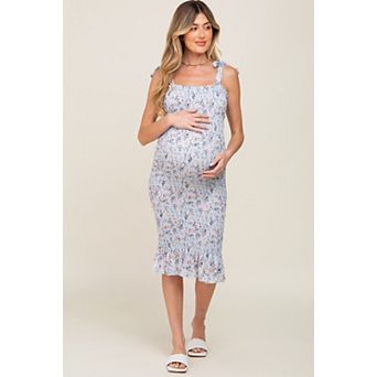 Maternity Blue Floral Smocked Fitted Dress