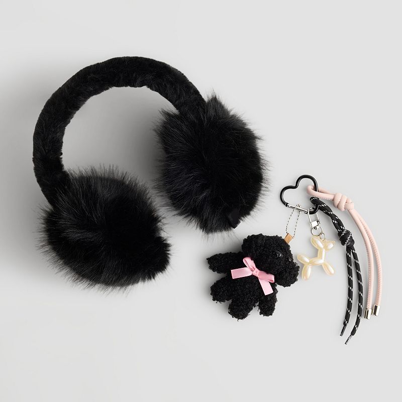 Women's madden girl Faux Fur Earmuff & Charm Set, Black