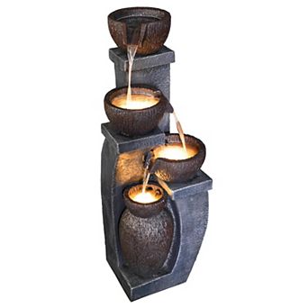 37.4 in Outdoor Water Fountain with LED Lights, Resin Cascading Fountain for Patio and Garden