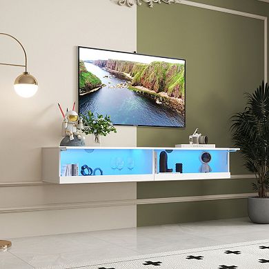 GOODSILO Wall Mounted Floating TV Stand with LED Lighting and Charging Station