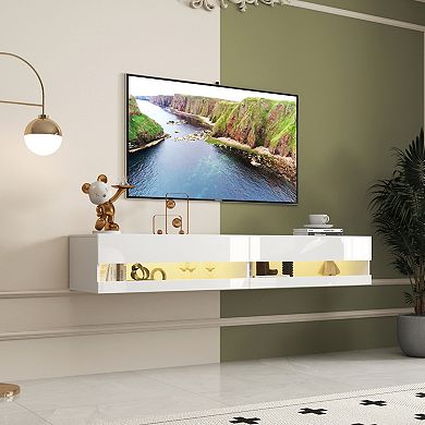 GOODSILO Wall Mounted Floating TV Stand with LED Lighting and Charging Station