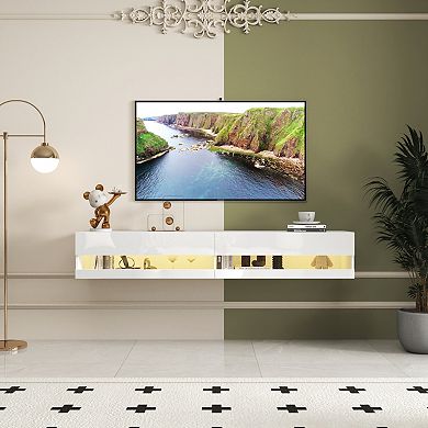 GOODSILO Wall Mounted Floating TV Stand with LED Lighting and Charging Station