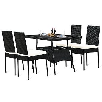 5 pc Outdoor Rattan Dining Set with Glass-Top Table and Cushions