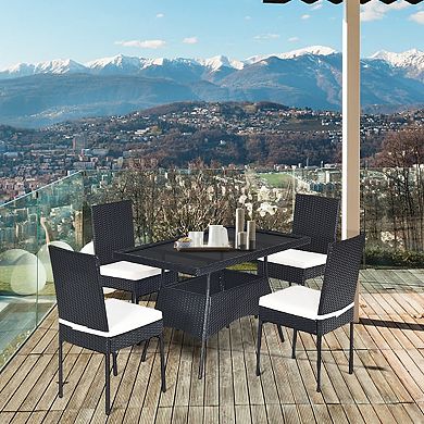 5-Piece Outdoor Rattan Dining Set with Glass-Top Table and Cushions