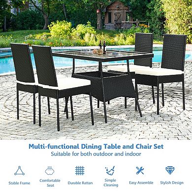 5-Piece Outdoor Rattan Dining Set with Glass-Top Table and Cushions