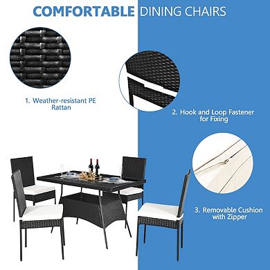 5-Piece Outdoor Rattan Dining Set with Glass-Top Table and Cushions