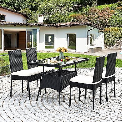 5-Piece Outdoor Rattan Dining Set with Glass-Top Table and Cushions
