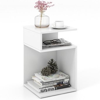 White S-Shaped Side Table with Open Storage Compartments