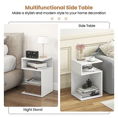 White S-Shaped Side Table with Open Storage Compartments