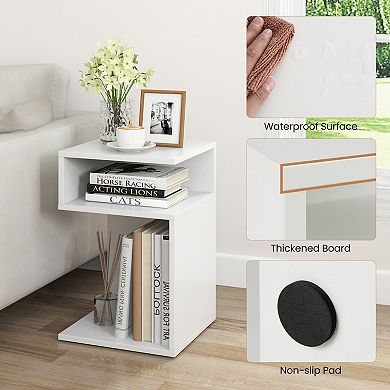 White S-Shaped Side Table with Open Storage Compartments