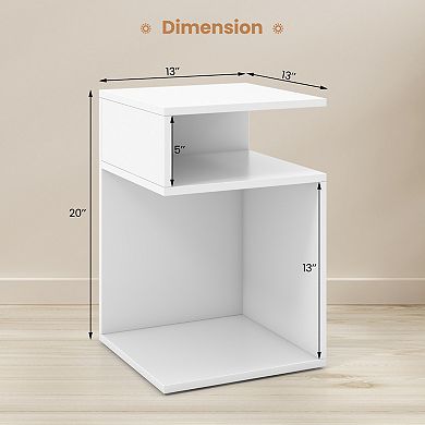 White S-Shaped Side Table with Open Storage Compartments