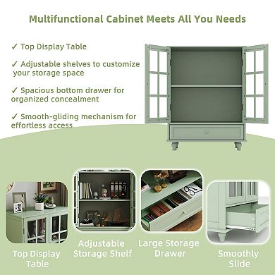 Storage Cabinet with Double Glass Doors and Drawer