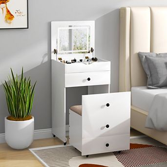 White 3-in-1 Vanity Table Set with Flip-Up Mirror and Padded Stool
