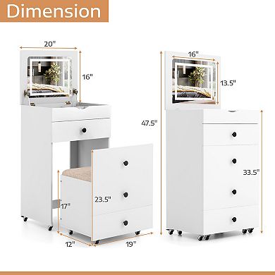 White 3-in-1 Vanity Table Set with Flip-Up Mirror and Padded Stool