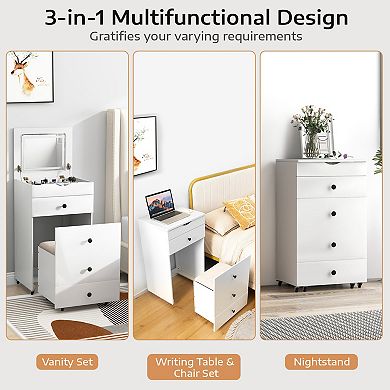 White 3-in-1 Vanity Table Set with Flip-Up Mirror and Padded Stool