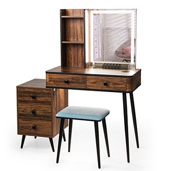 Brown Vanity Makeup Table Set with Lighted Mirror
