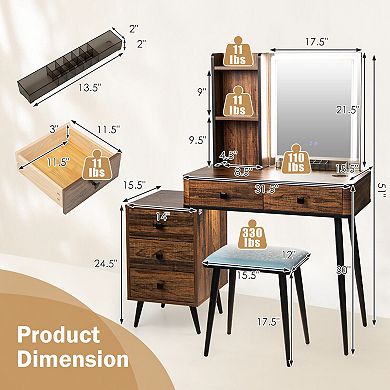 Brown Vanity Makeup Table Set with Lighted Mirror