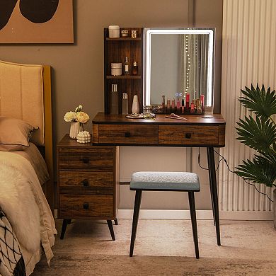 Brown Vanity Makeup Table Set with Lighted Mirror
