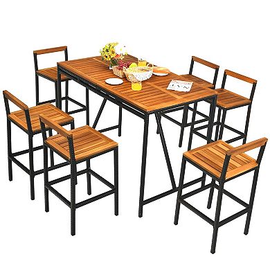 7 Pieces Acacia Wood Patio Rattan Bar Set with Umbrella Hole