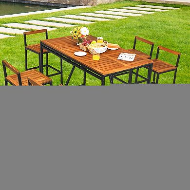 7 Pieces Acacia Wood Patio Rattan Bar Set with Umbrella Hole