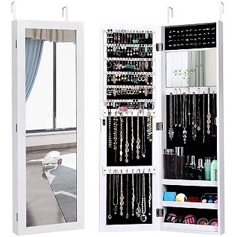 White Full-Length Mirror Jewelry Cabinet with Ring and Necklace Storage