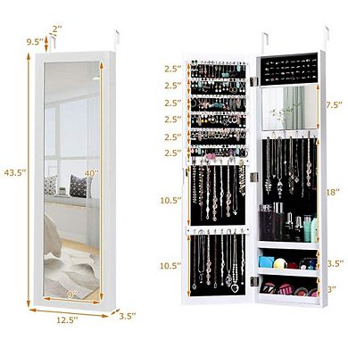 White Full-Length Mirror Jewelry Cabinet with Ring and Necklace Storage