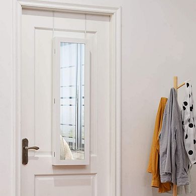 White Full-Length Mirror Jewelry Cabinet with Ring and Necklace Storage