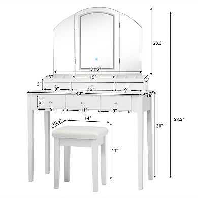 Vanity Table Stool Set with Large Tri-folding Lighted Mirror-White