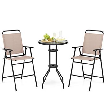 3 pc Outdoor Bistro Set with 2 Folding Chairs-Beige