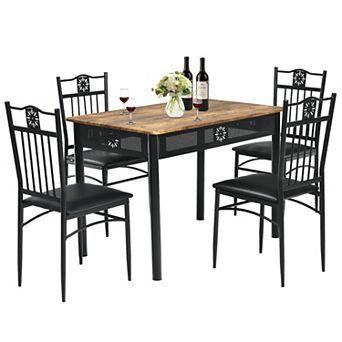 5 pc Dining Set Wood Metal Table and 4 Chairs with Cushions-Black