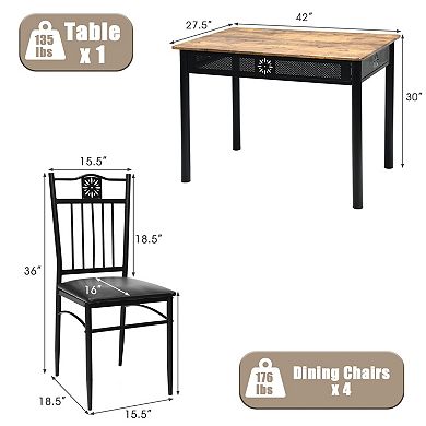 5 Pcs Dining Set Wood Metal Table and 4 Chairs with Cushions-Black