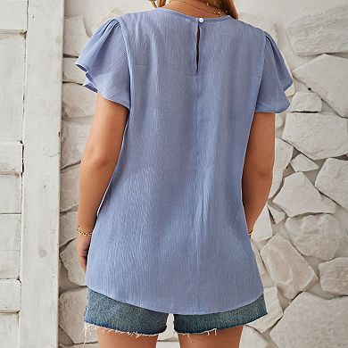 Women's Ruffle Sleeve Pleated Blouse Round Neck Keyhole Back Casual Summer Top