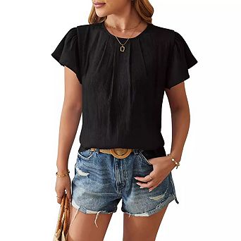 Women's Ruffle Sleeve Pleated Blouse Round Neck Keyhole Back Casual Summer Top
