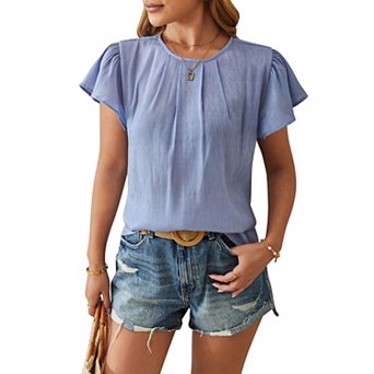 Women's Ruffle Sleeve Pleated Blouse Round Neck Keyhole Back Casual Summer Top