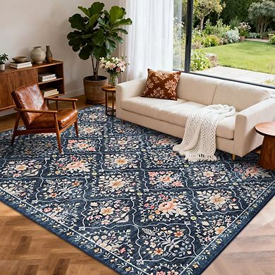 Boho Floral Medallion Area Rug, Washable Printed Carpet with Non-Slip Soft Low-Pile for Bedroom