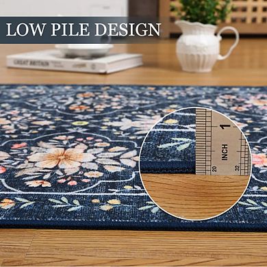Boho Floral Medallion Area Rug, Washable Printed Carpet with Non-Slip Soft Low-Pile for Bedroom