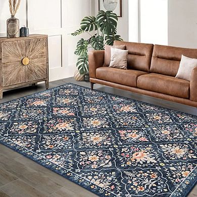 Boho Floral Medallion Area Rug, Washable Printed Carpet with Non-Slip Soft Low-Pile for Bedroom