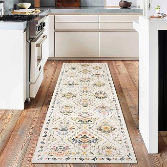 Boho Floral Medallion Area Rug, Washable Printed Carpet with Non-Slip Soft Low-Pile for Bedroom