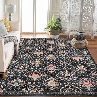 Boho Floral Medallion Area Rug, Washable Printed Carpet with Non-Slip Soft Low-Pile for Bedroom