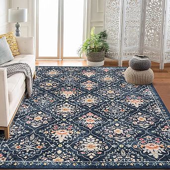 Boho Floral Medallion Area Rug, Washable Printed Carpet with Non-Slip Soft Low-Pile for Bedroom