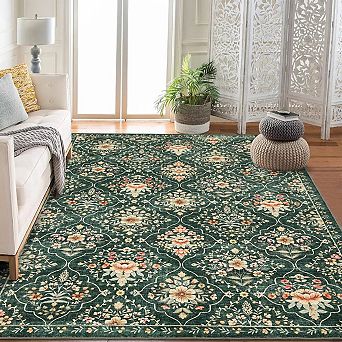 Boho Floral Medallion Area Rug, Washable Printed Carpet with Non-Slip Soft Low-Pile for Bedroom