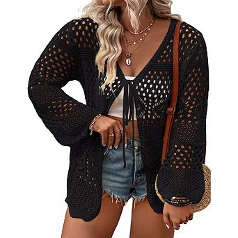 Women Plus Size Crochet Cardigan Lightweight Tie Front Hollow Out Long Sleeves Knit Cover Cardigans