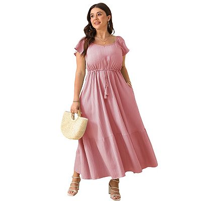 Plus Size Women Dress Short Sleeves High Waist Casual Summer Dress with  Pocket